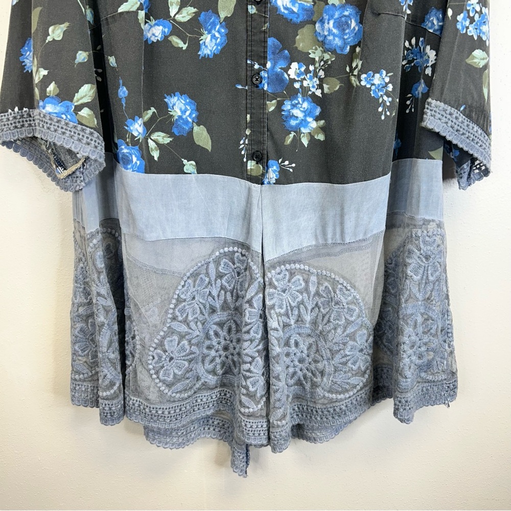 Floral Plus Size Upcycled Beth Dutton Tunic Blue Lace Plus Size 22W Western Boho - Picture 11 of 13